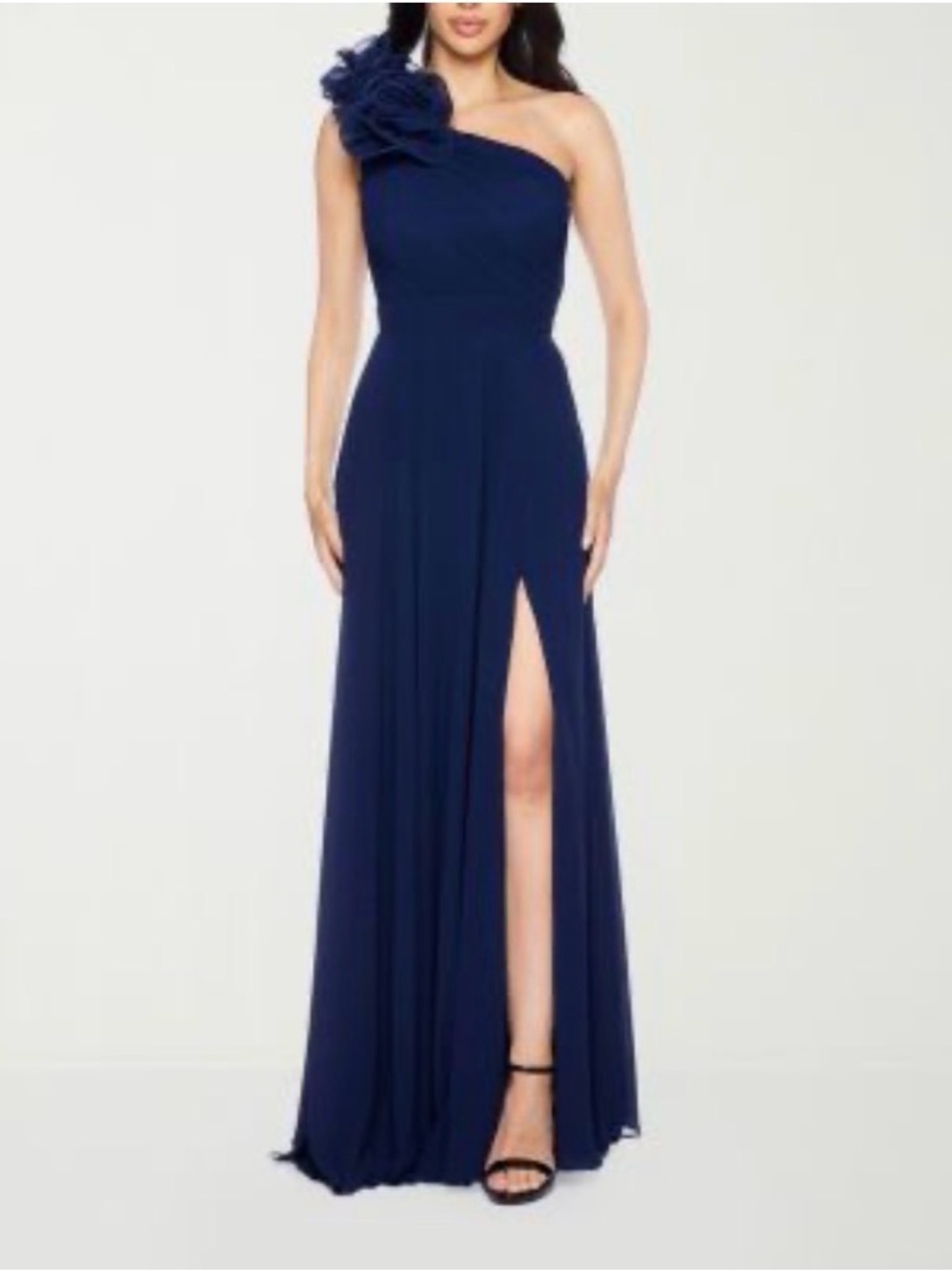 One-Shoulder Navy Evening Gown with Floral Shoulder